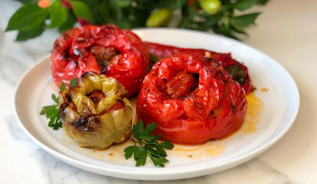 Fırında etsiz karışık biber dolması