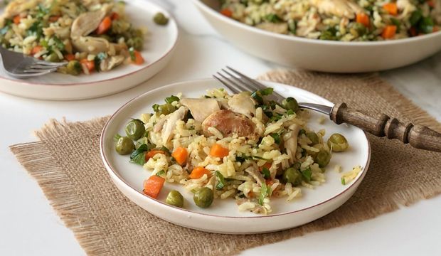 Tavuklu bezelyeli taze otlu pilav